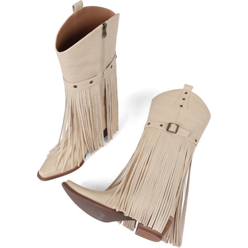 Women's Beige Retro Square Toe Cowgirl Side Zipper Blocked Chunky Heel Boots - Picture 4 of 7